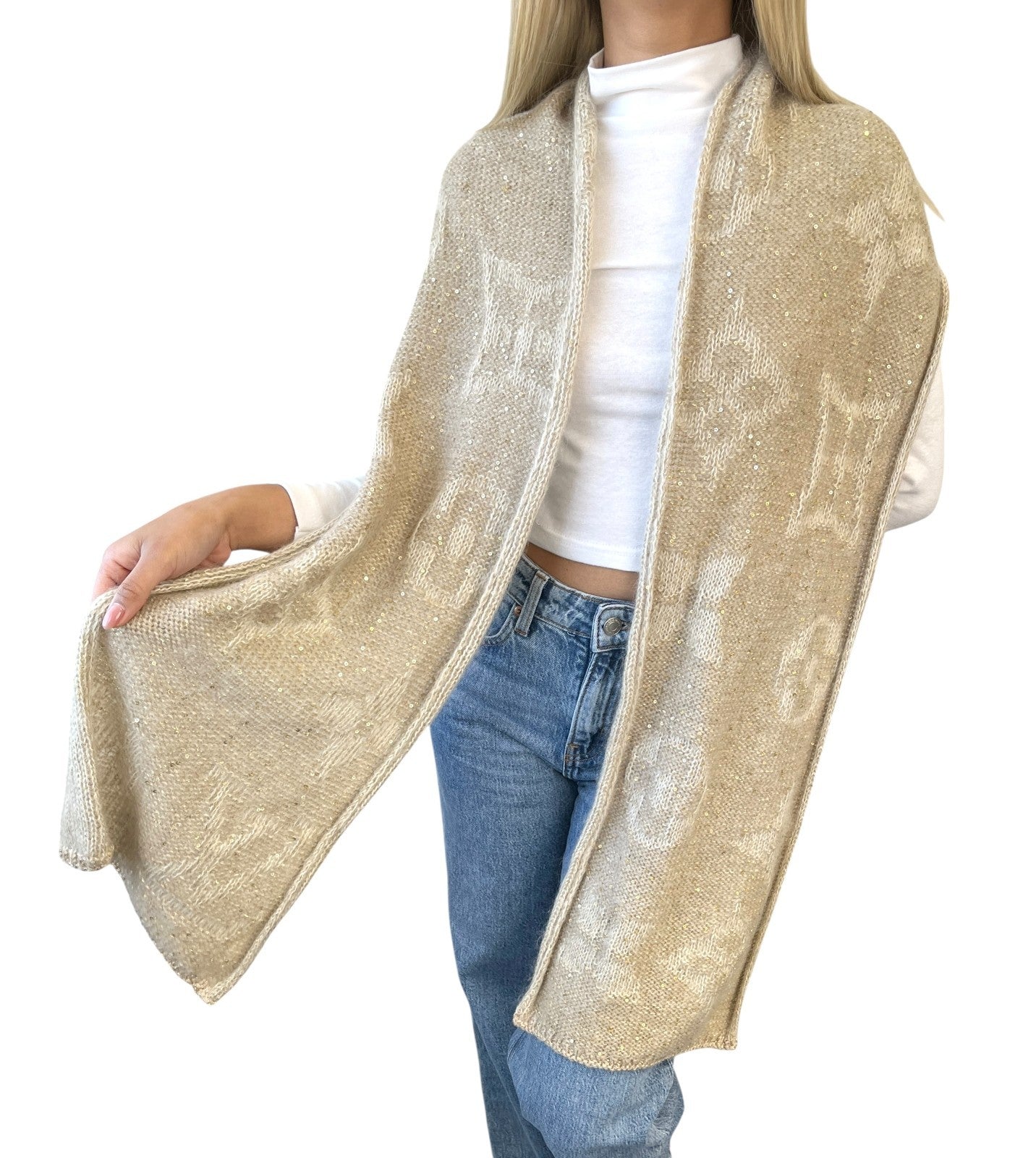 LOUIS VUITTON Vintage LV Monogram Knit Sequins Scarf Shawl Wrap Beige Mohair