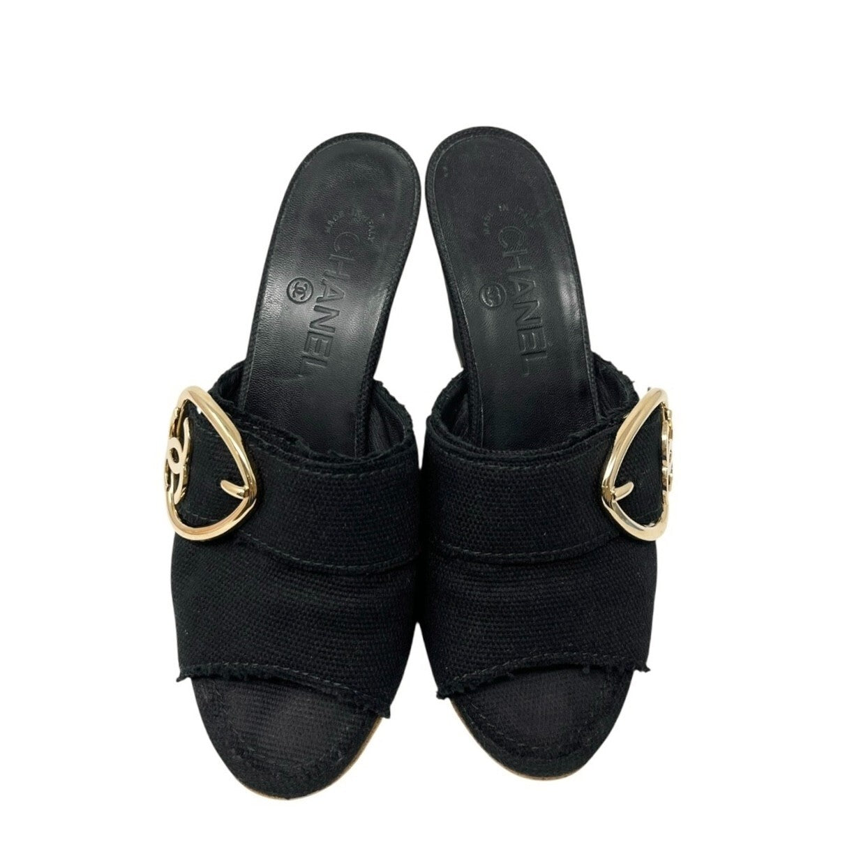 CHANEL Vintage CC Mark Logo Sandals Heart Buckle #36.5-37 Black Gold Cotton