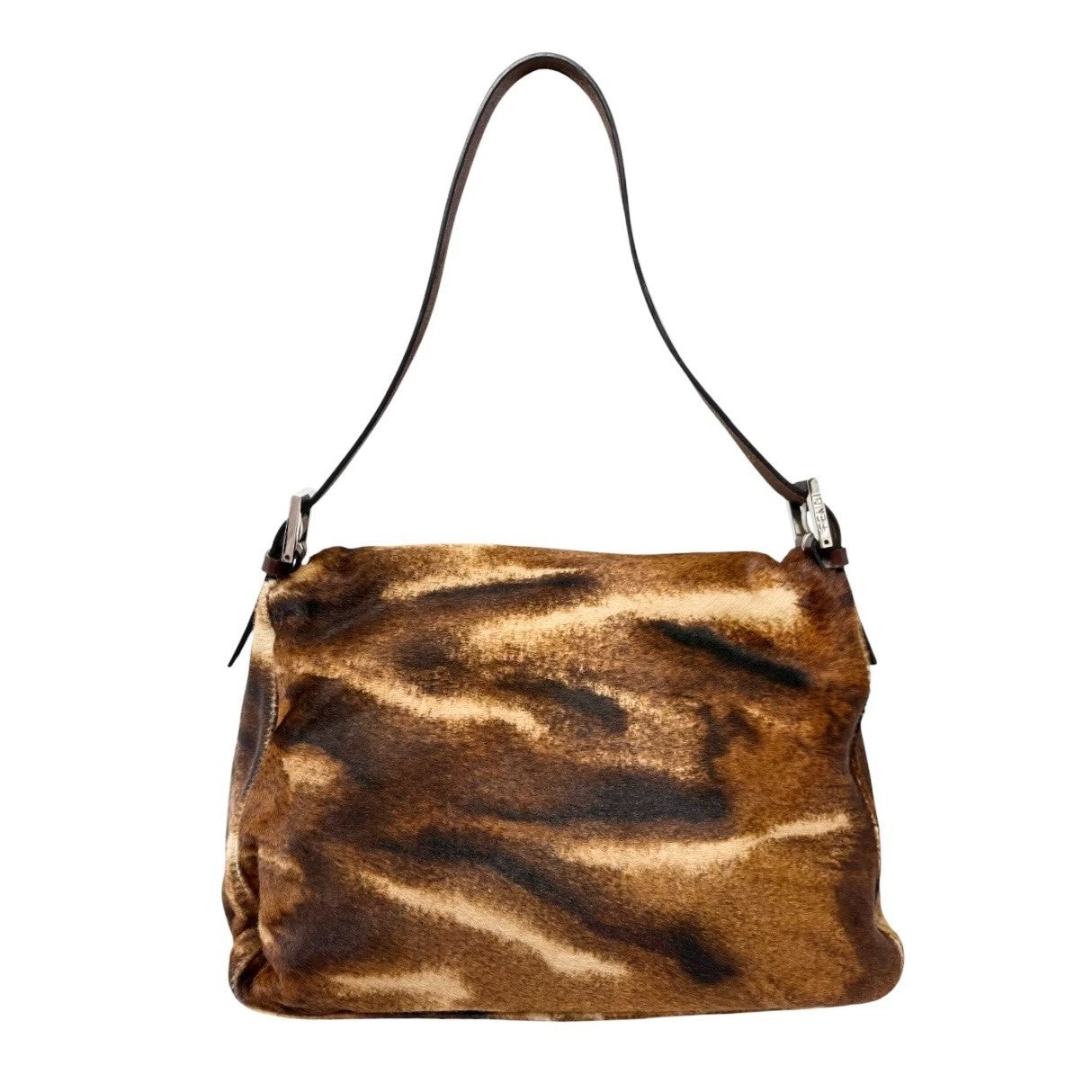 FENDI Vintage FF Logo Mamma Baguette Pony Calf Hair Shoulder Bag Brown Leather