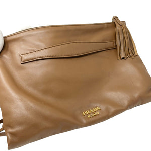 PRADA Vintage Logo Fringe Clutch Mini Bag Brown Gold Leather Zip Rank AB