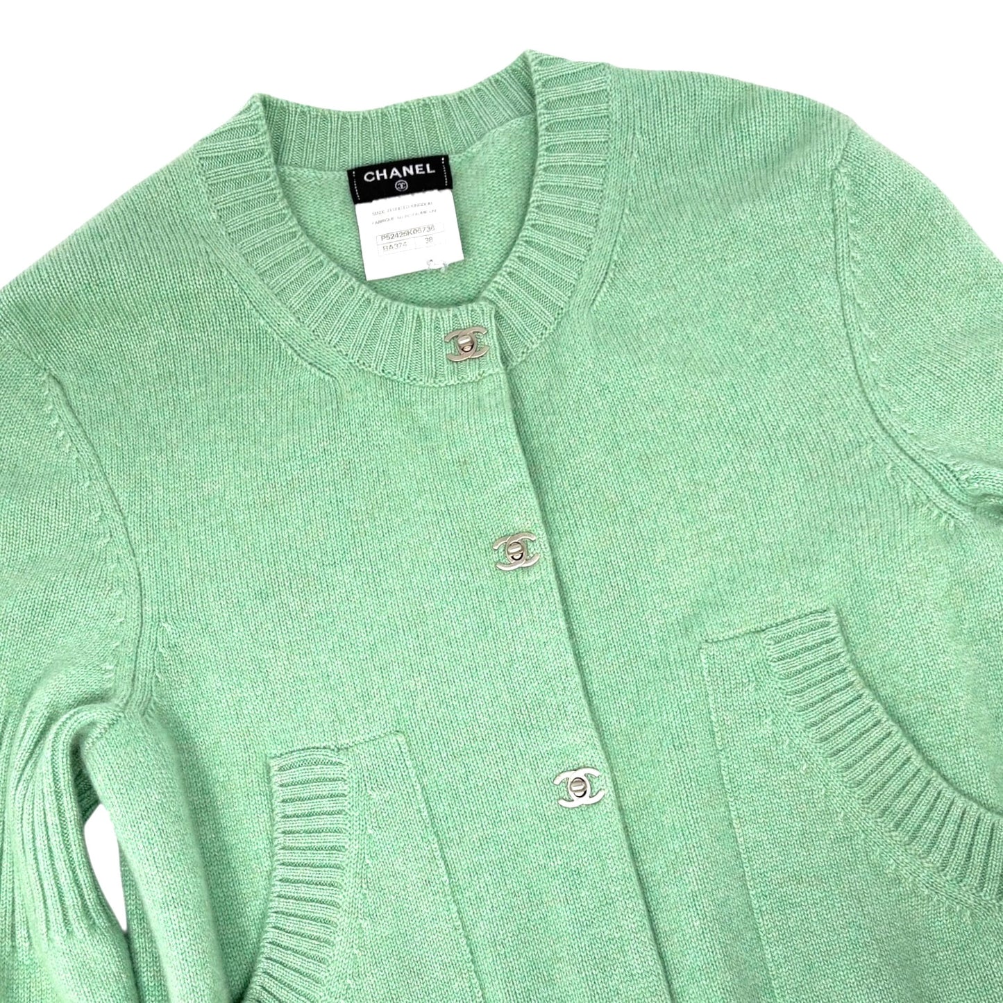 CHANEL Vintage P52425 CC Turnlock Logo Knit Cardigan Dress #38 Cashmere Green