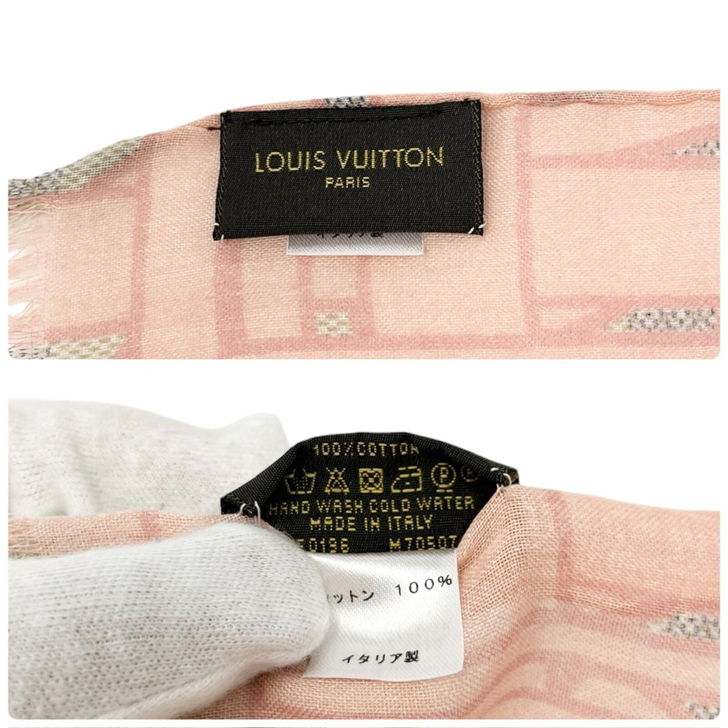 LOUIS VUITTON Vintage Damier Azur Tahitienne Logo Scarf Wrap Pink Gray Cotton