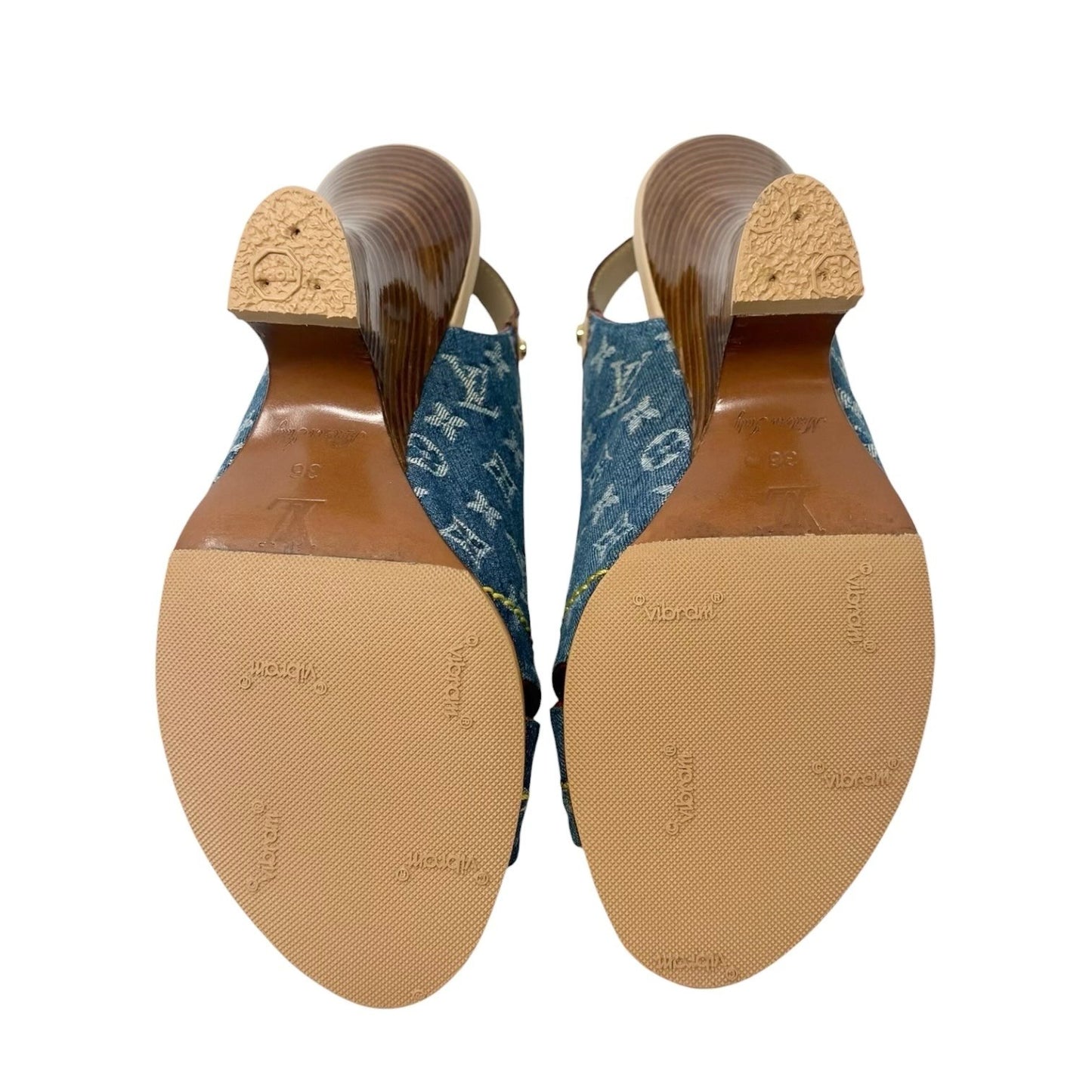 LOUIS VUITTON Vintage Monogram Denim Sandals Heels #36 Blue Beige Leather 901959