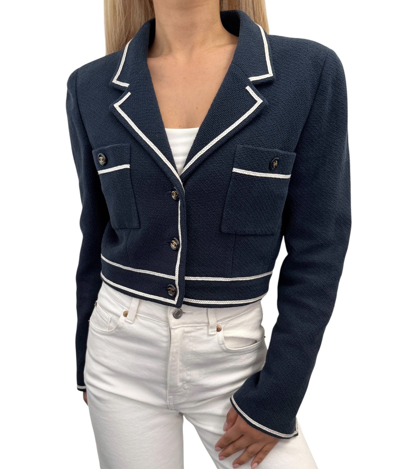 CHANEL Vintage P95 CC Logo Collared Cropped Jacket #42 Dark Blue Cotton Button