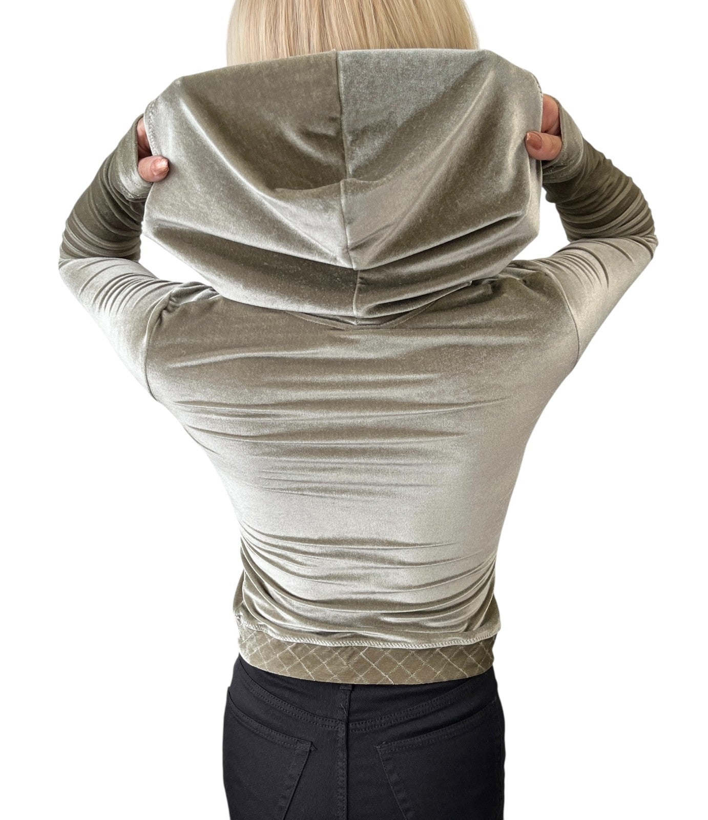 CHANEL Vintage 05C Hoodie Parka Jacket Cropped Zip Velvet #36 Khaki Nylon Zip