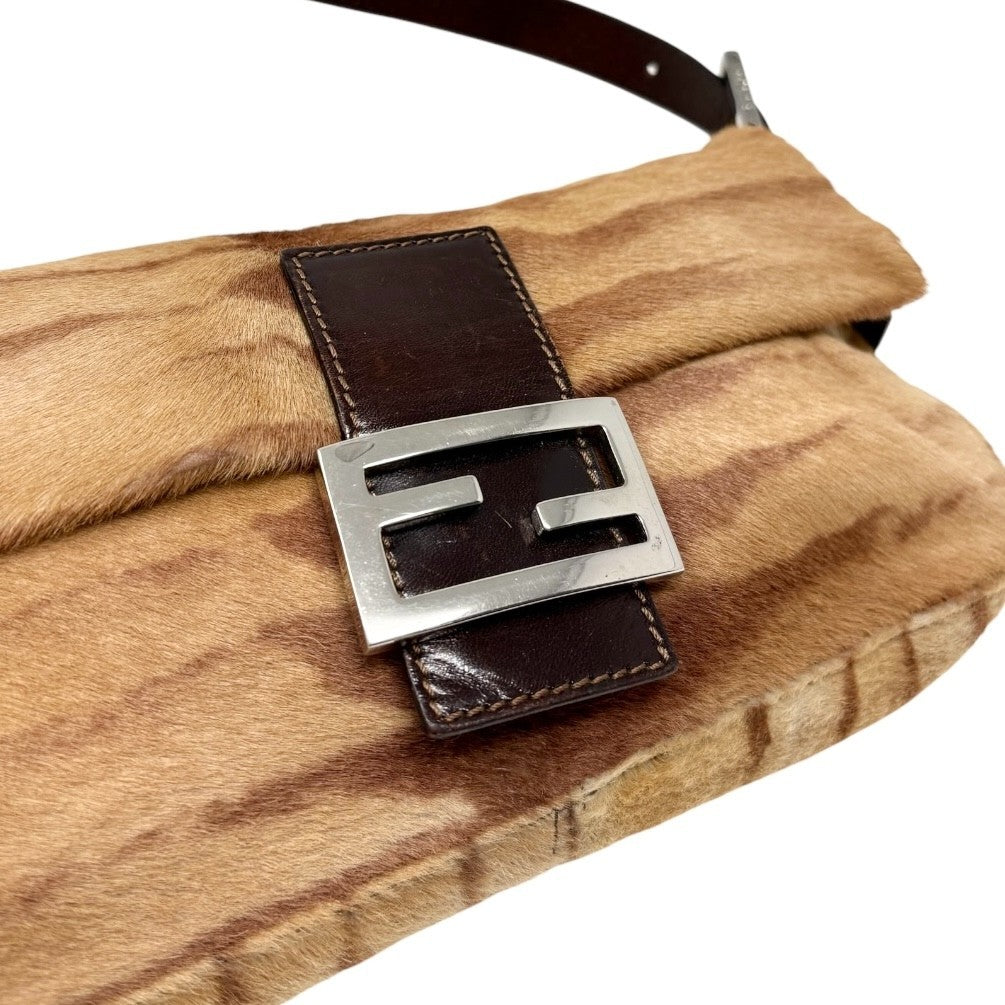 FENDI Vintage Mamma Baguette Pony Calf Hair Shoulder Bag Brown Beige 901889