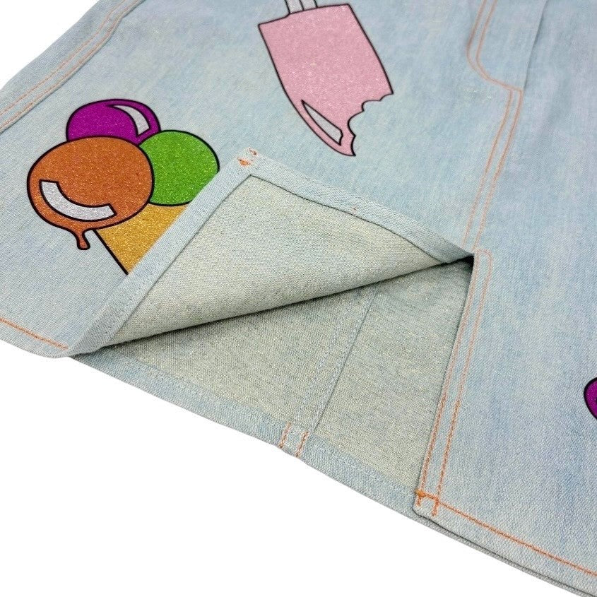 Christian Dior Vintage 2002 Glitter Denim Skirt Ice Cream Print #38 Blue Cotton