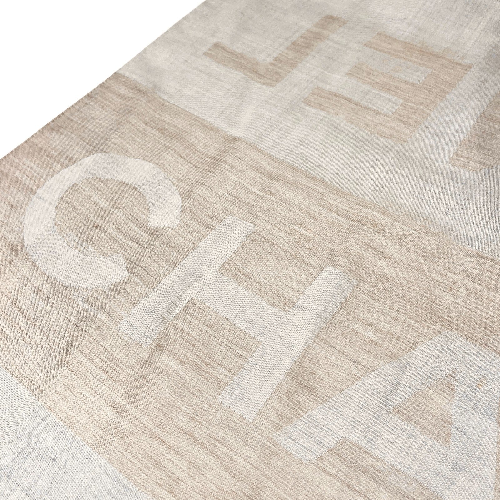 CHANEL Vintage CC Logo Scarf Wrap Shawl Fringe Accessory Beige Silk Cashmere