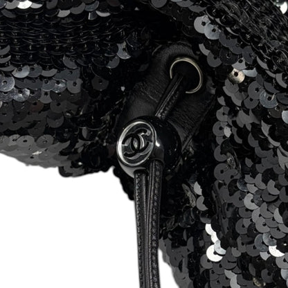 CHANEL Vintage CC Logo Sequins Chain Shoulder Bag Black Silver Leather 902476
