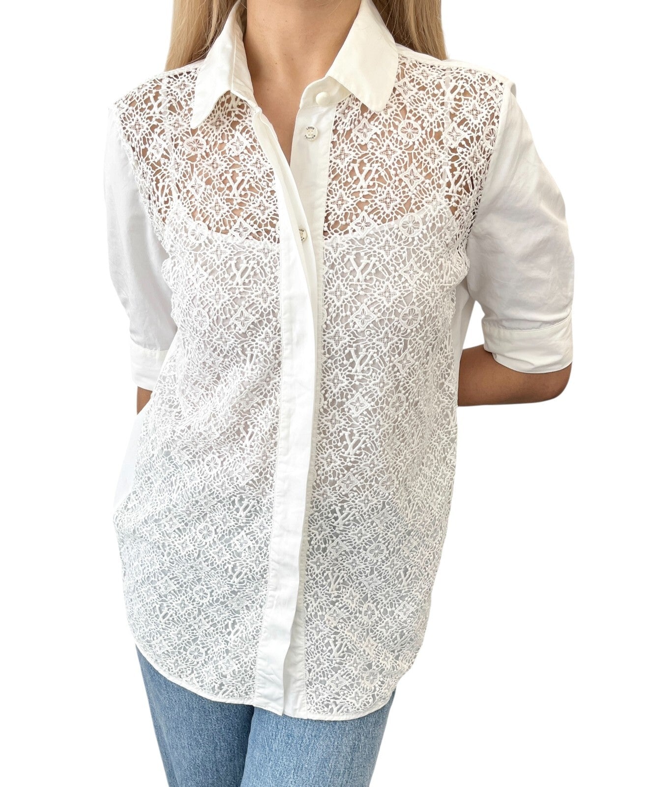 LOUIS VUITTON Vintage Monogram Logo Shirt Top #34 Button Up Lace Short Sleeve