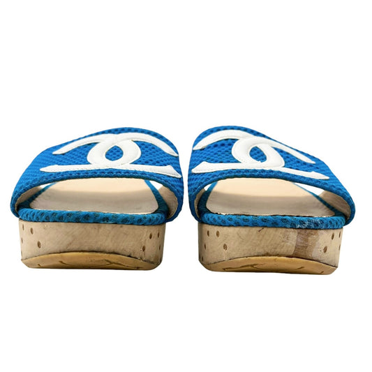 CHANEL Vintage CC Mark Logo Sandals #36.5-37 Mesh Blue White Cotton Leather