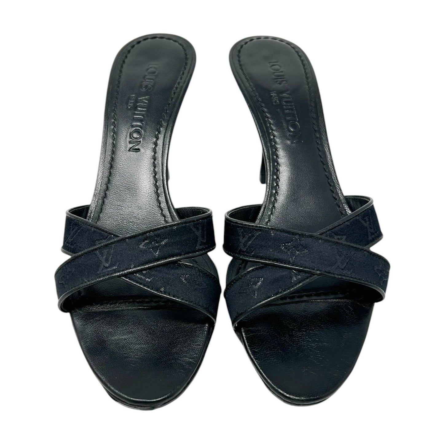 LOUIS VUITTON Vintage LV Monogram Satin Open Toe Sandals #37 Black Leather
