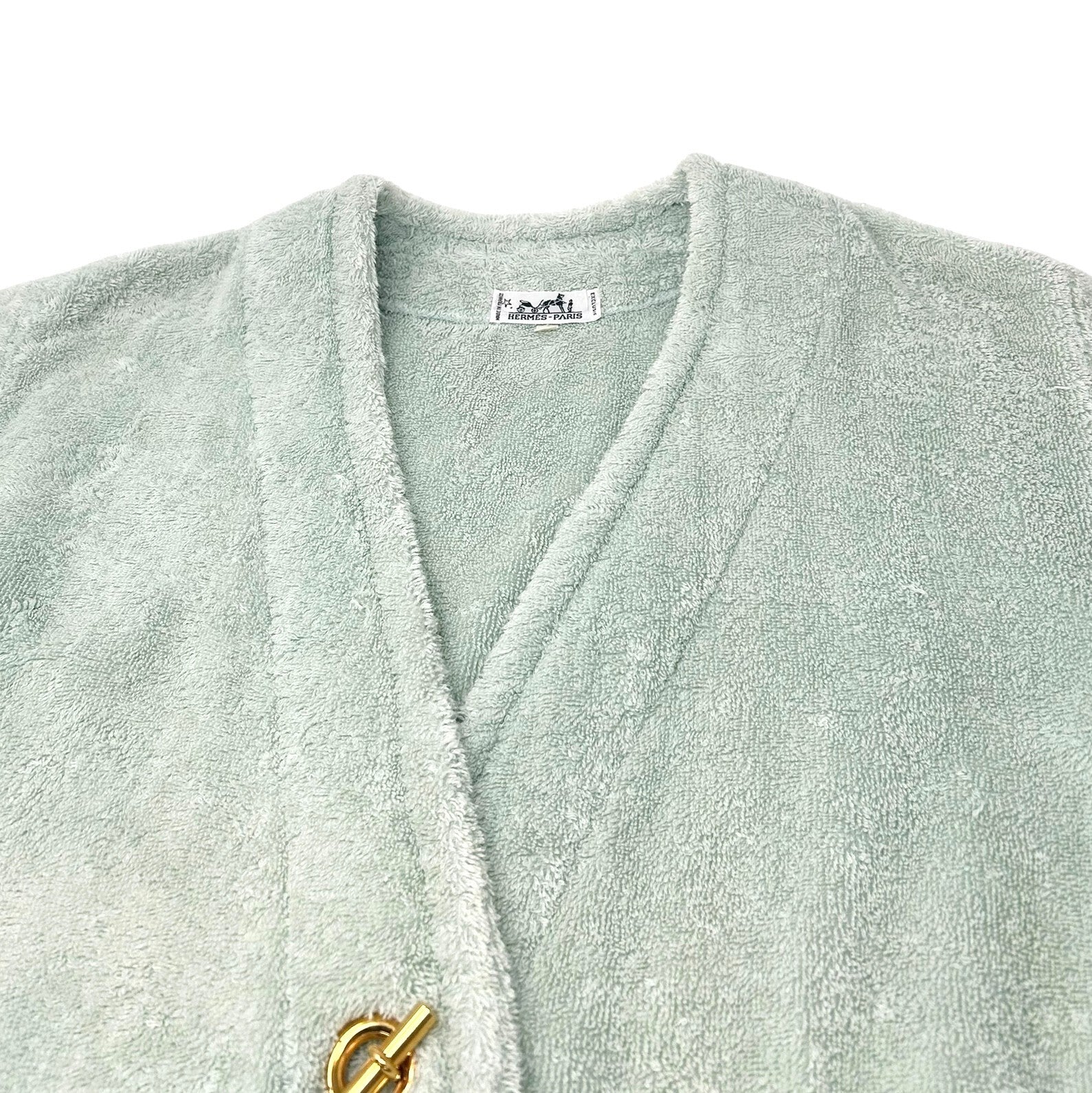 HERMES Vintage Logo Echapee Toggle Button Bathrobe #XS Green Cotton Terry Cloth