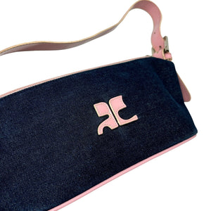 Courreges Vintage Logo Denim Shoulder Bag Pouch Blue Pink Zip Rank AB