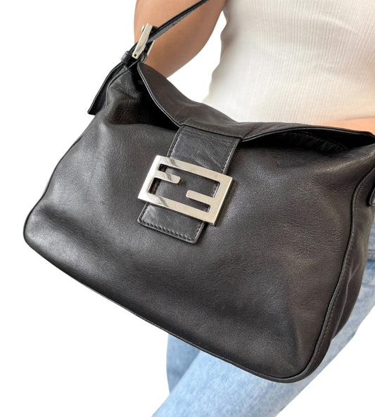 FENDI Vintage FF Logo Shoulder Bag Lambskin Black Silver Leather Metal