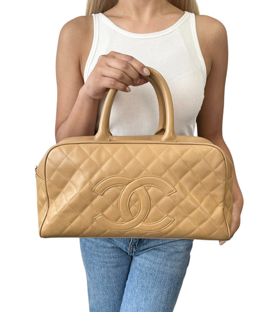 CHANEL Vintage Big CC Logo Quilted Leather Boston Bowling Bag Beige Gold Stitch