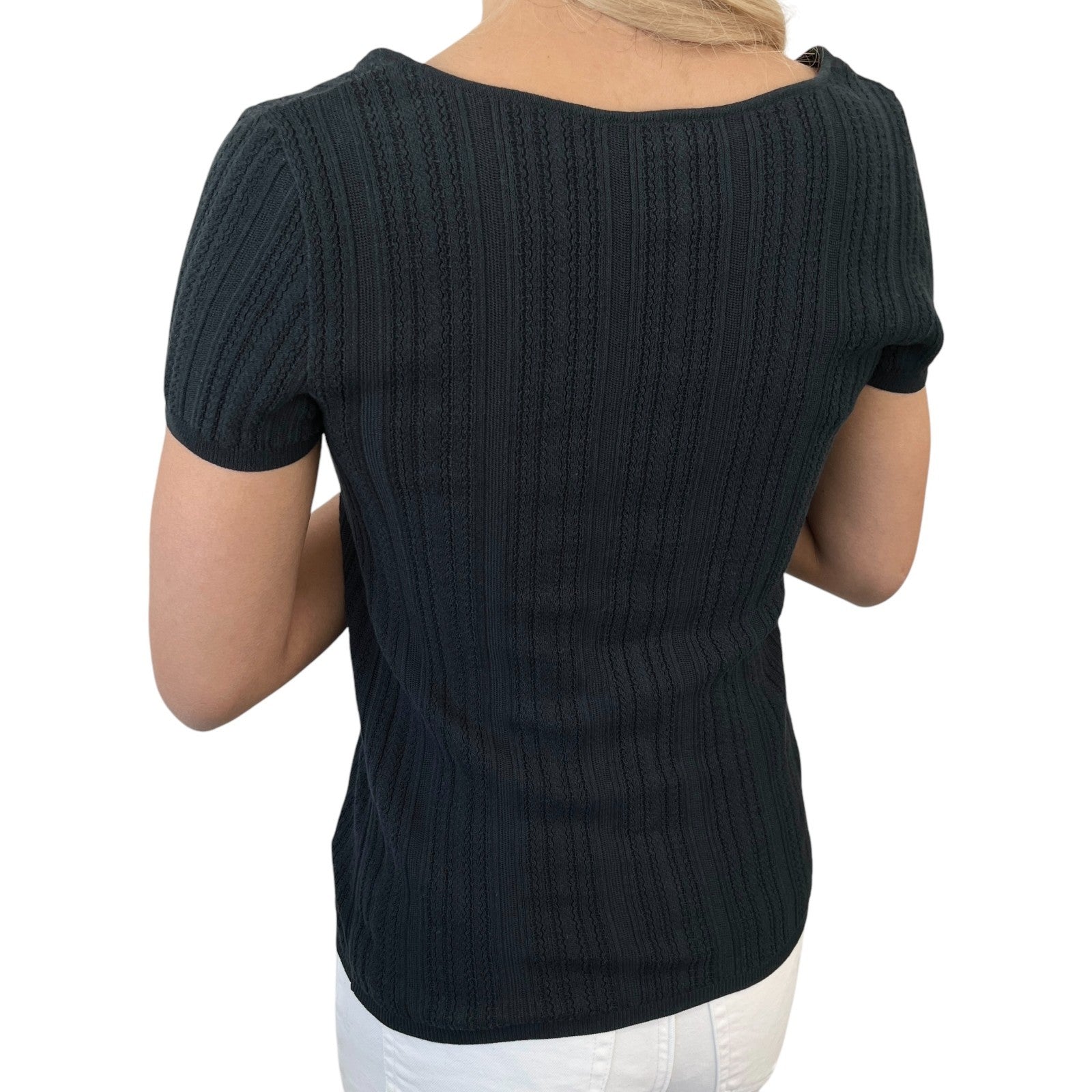 CHANEL Vintage 04P CC Logo Knit Top T-shirt #40 Black Cotton See-throgh Mesh