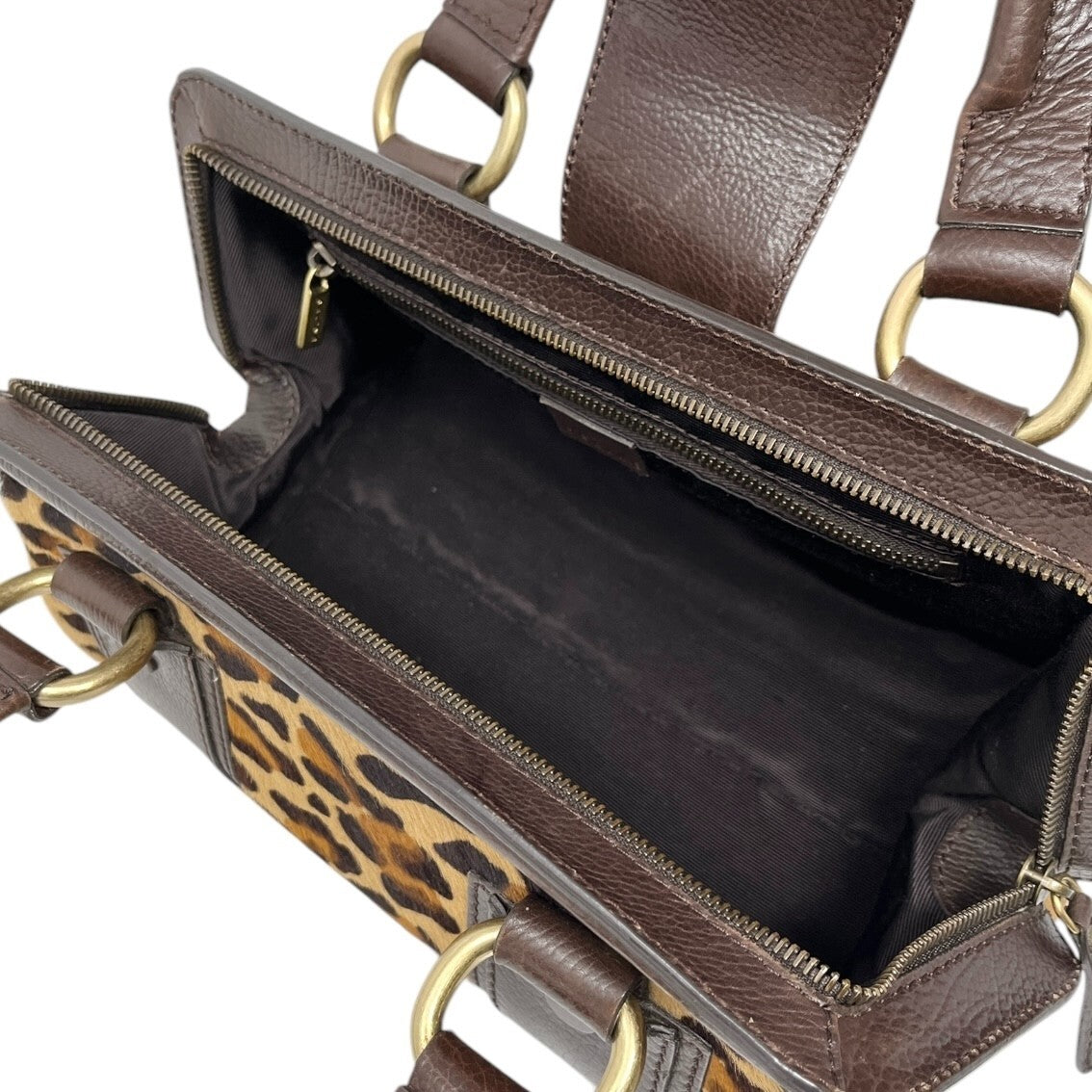 CELINE Vintage Macadam Logo Leopard Shoulder Bag Brown Beige Calf Hair Leather