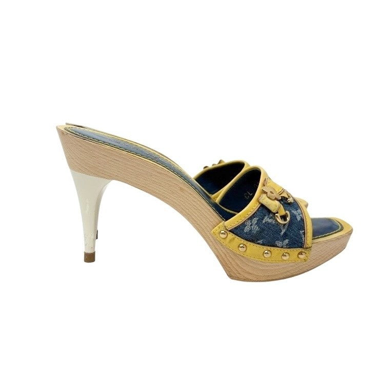 LOUIS VUITTON Vintage Logo Monogram Sandals Heels #36 Blue Yellow Leather