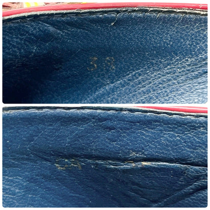 LOUIS VUITTON Vintage Monogram Denim Wedge Sole Sandals #38 Ribbon Blue Beige