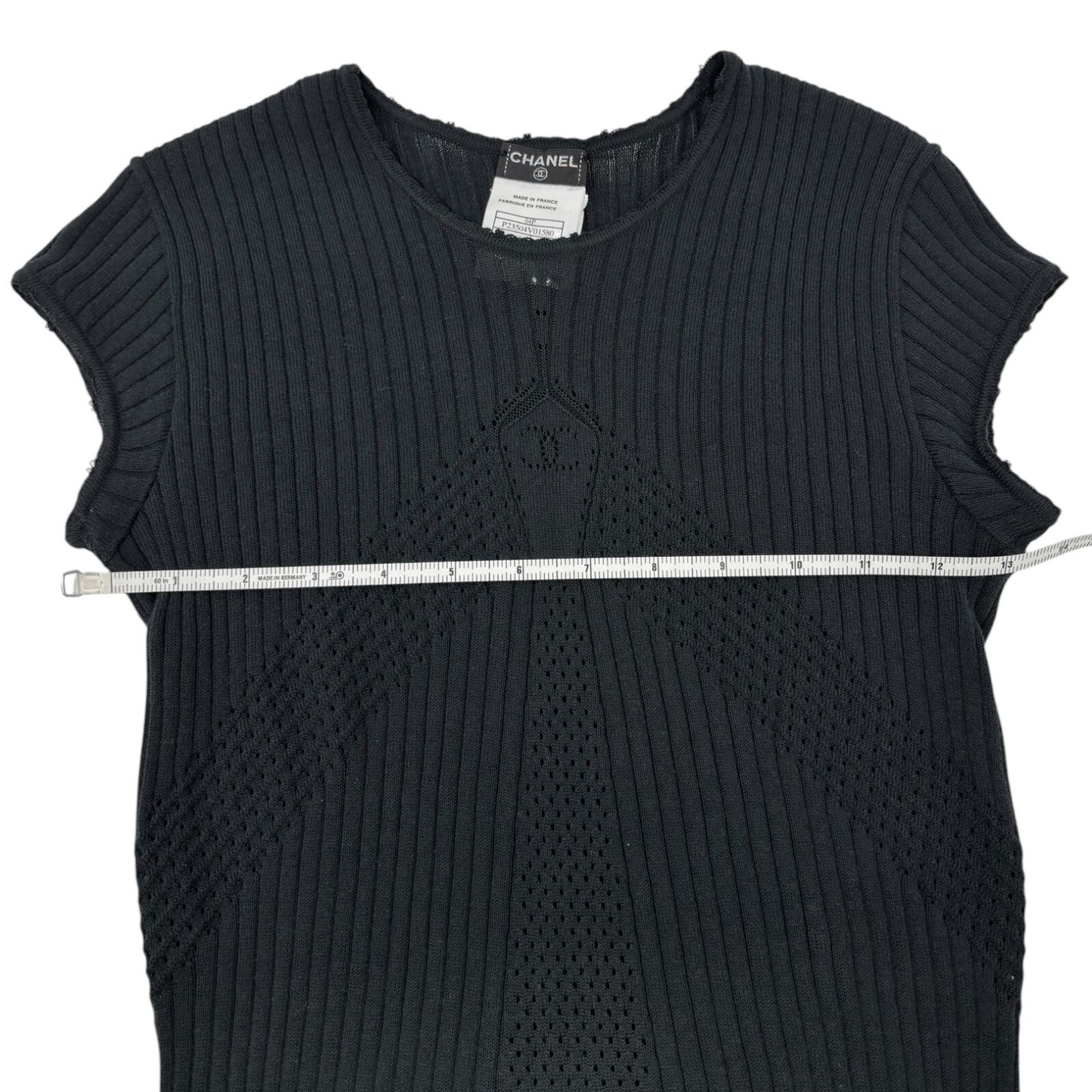 CHANEL Vintage 04P CC Logo Punching Knit Top T-shirt #38 Black Short Sleeve