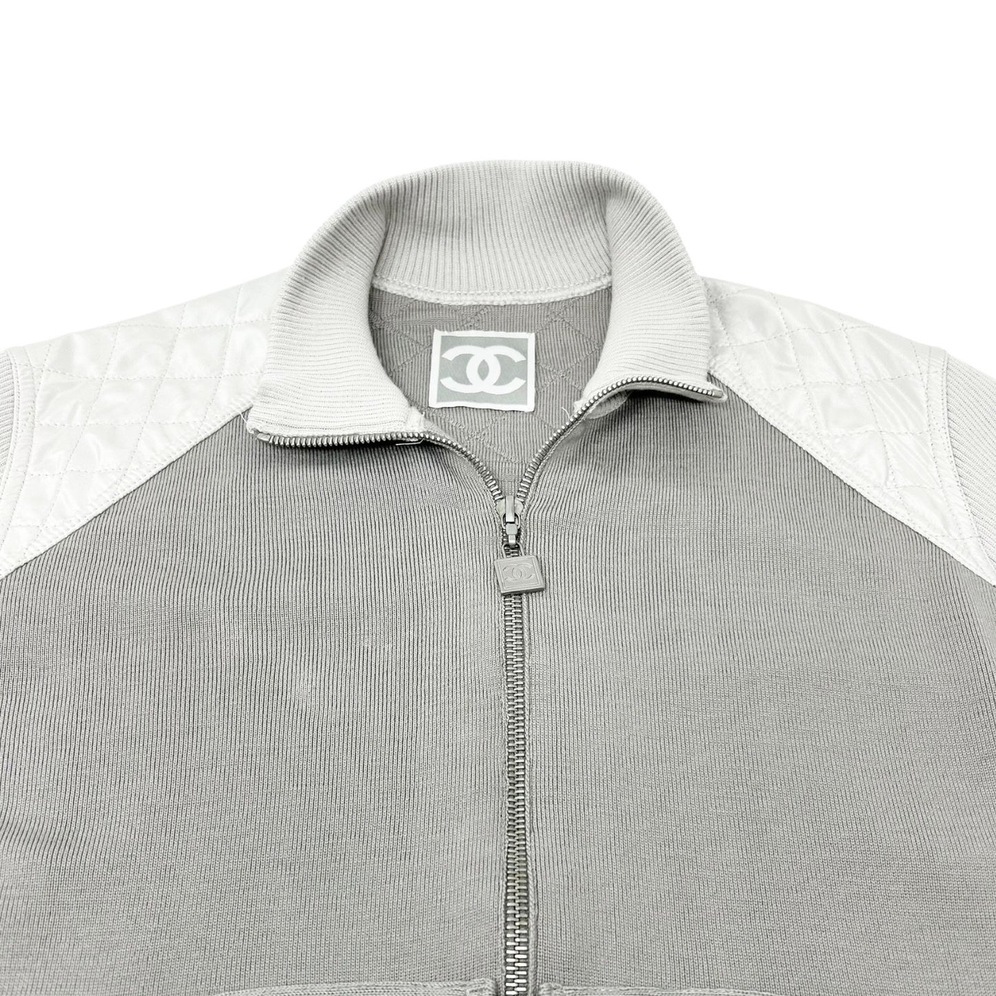 CHANEL Sport Vintage 04P CC Logo Zipped Quilted Jacket Top #44 Gray Silver Wool