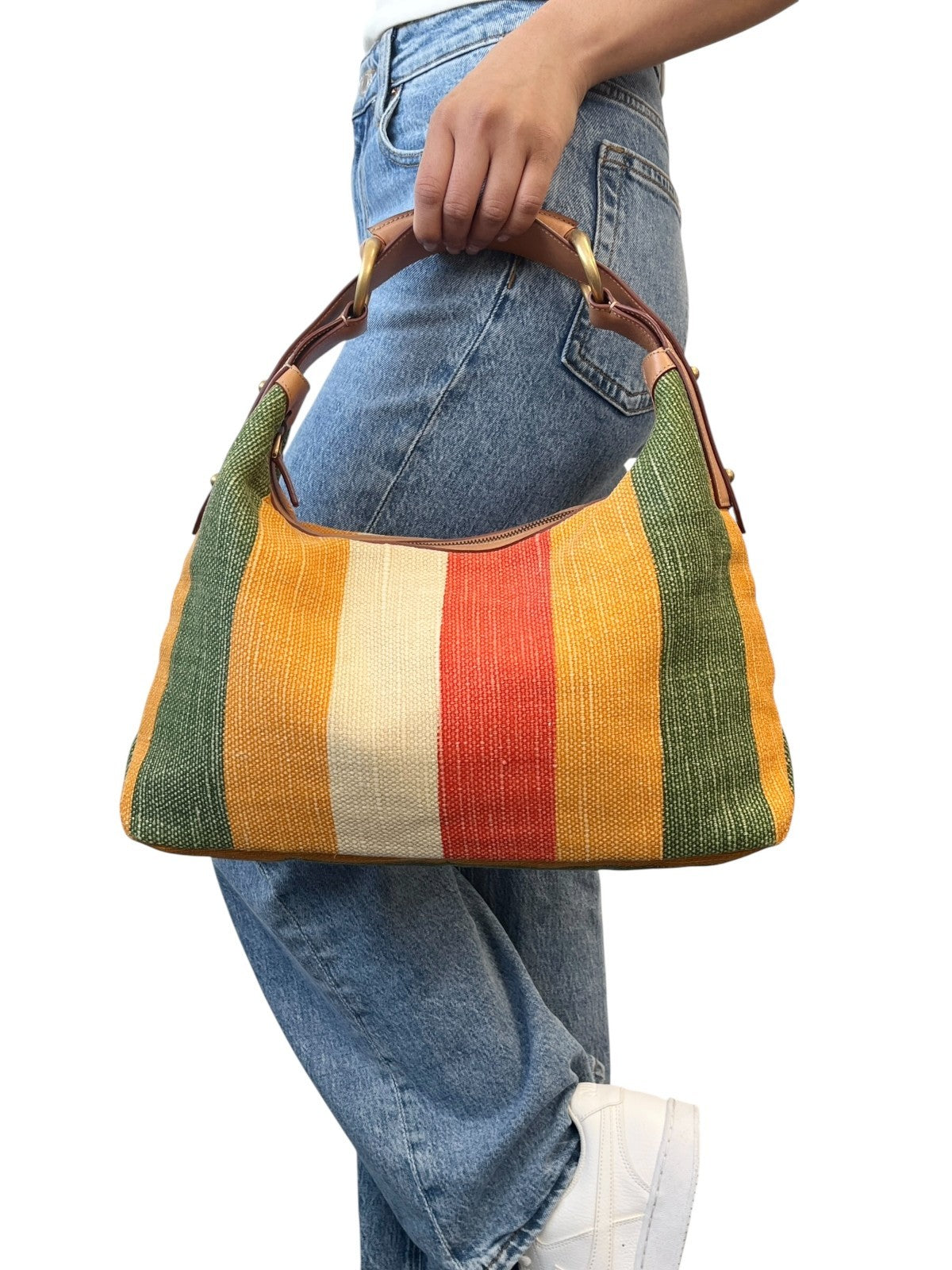 GUCCI Vintage Horsebit Multicolor Stripe Hobo Bag Zip Camel Canvas Leather