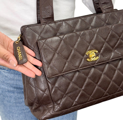 CHANEL Vintage CC Turnlock Quilted Front Pocket Shoulder Tote Bag Brown 902920