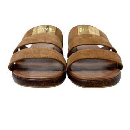 CHANEL Vintage CC Logo Flat Slide Sandals #36 Brown Gold Leather Suede 901945