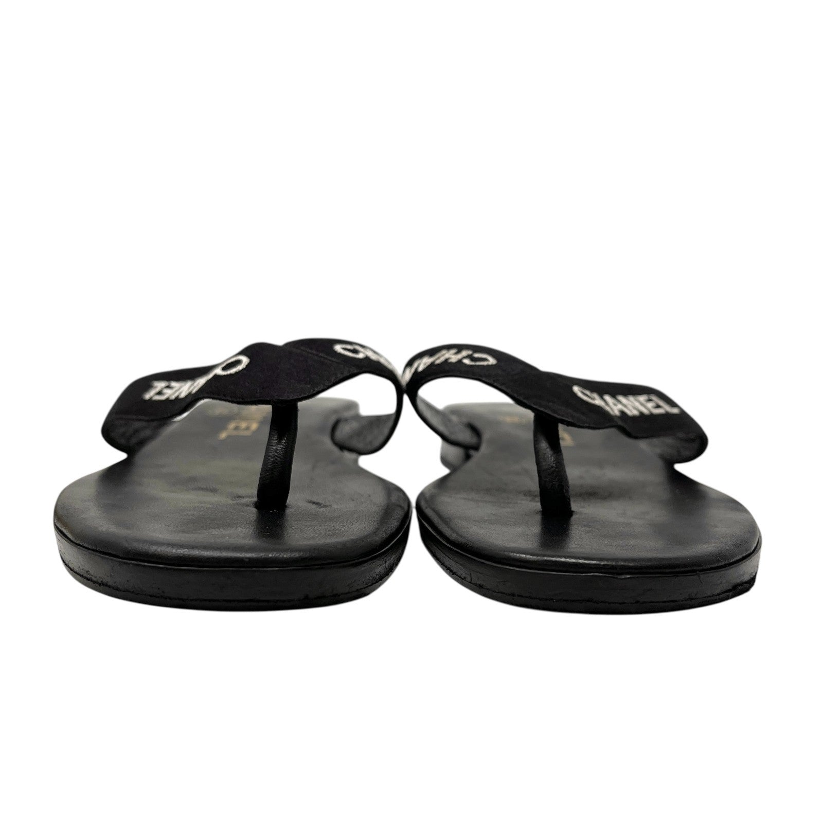 CHANEL Vintage CC Mark Logo Flip-Flops Sandals #37 Flat Black Leather Satin
