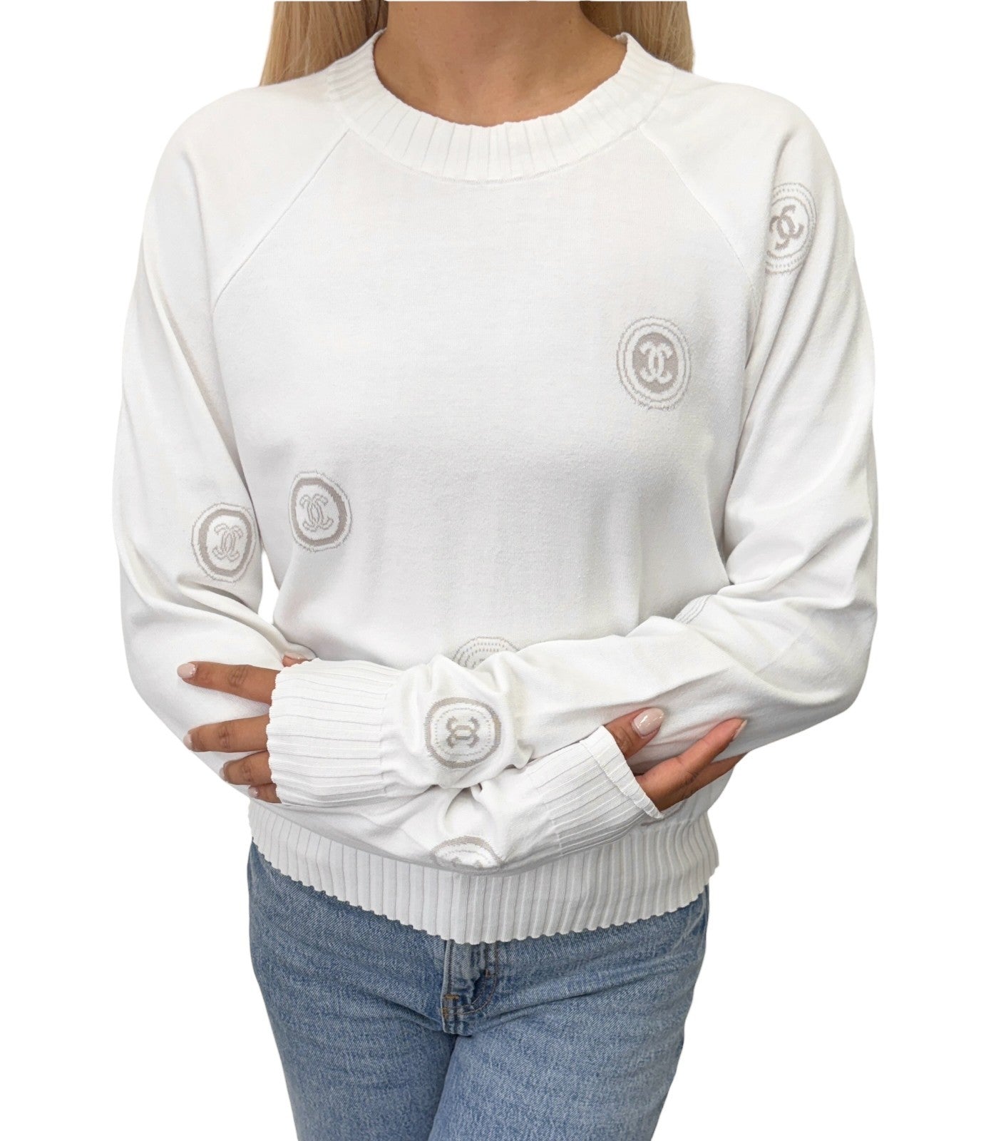 CHANEL Vintage 01P CC Stamp Logo Long Sleeve Shirt Top #38 White Greige 902431