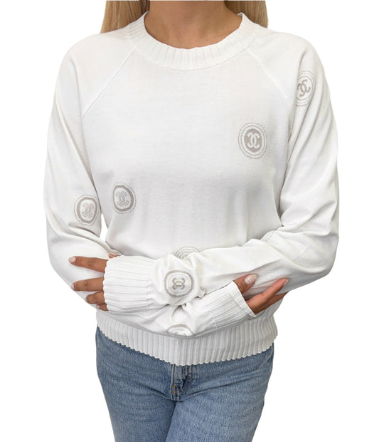 CHANEL Vintage 01P CC Stamp Logo Long Sleeve Shirt Top #38 White Greige 902431