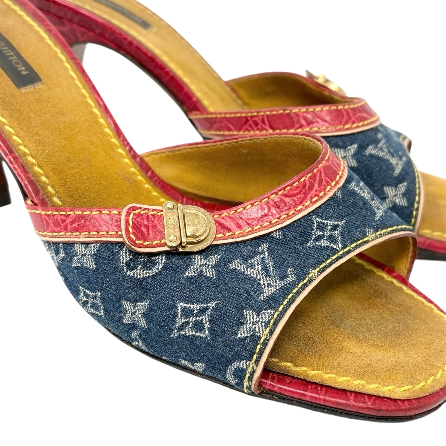 LOUIS VUITTON Vintage Monogram Denim Mule Sandals Heels #39 Blue Red Leather