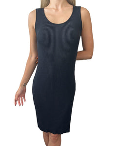 CHANEL Vintage 97P CC Logo Ribbed Long Dress #40 Sleeveless Black Rayon Button