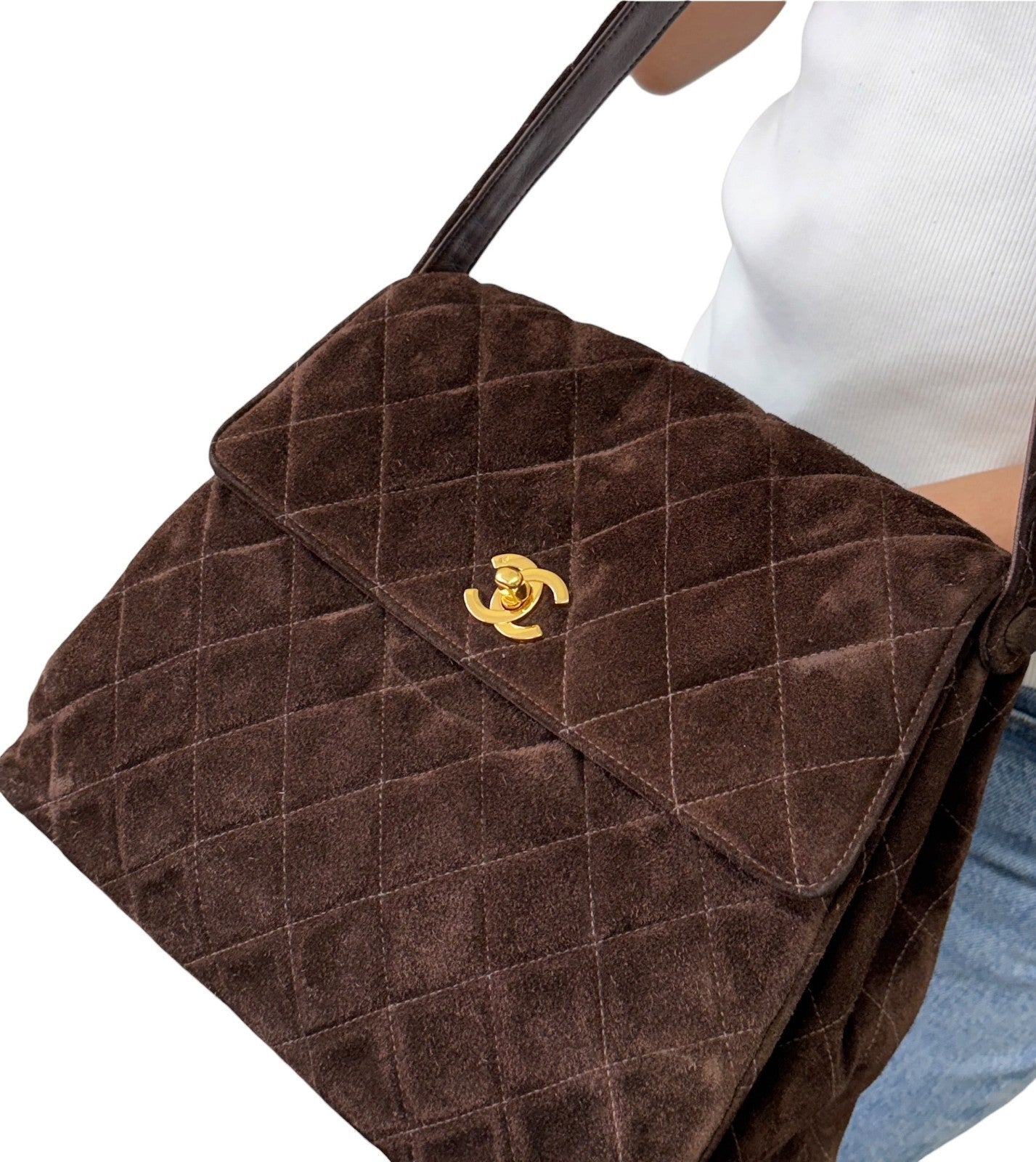 CHANEL Vintage CC Logo Turnlock Quilted Shoulder Bag Brown Gold Suede 901892