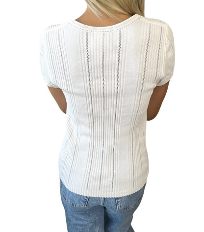 CHANEL Vintage 03P CC Logo Stripe Knit Rib T-shirt Top #42 White Cotton 902038