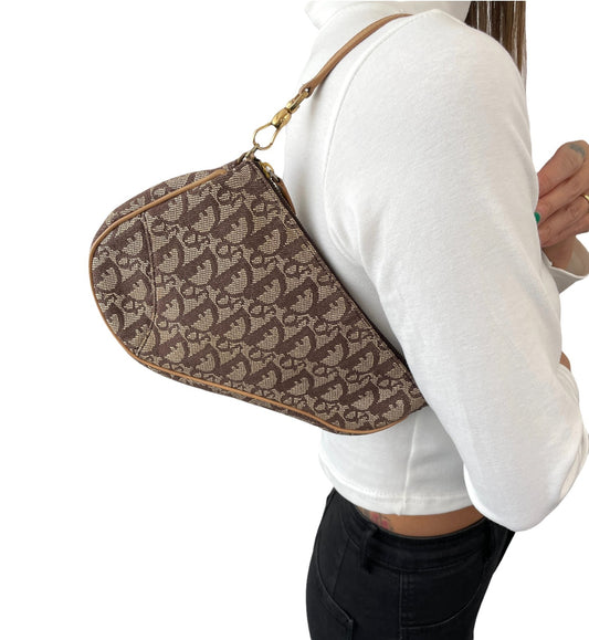 Christian Dior Vintage 2001 Trotter Monogram Mini Saddle Bag Brown Canvas Leathe