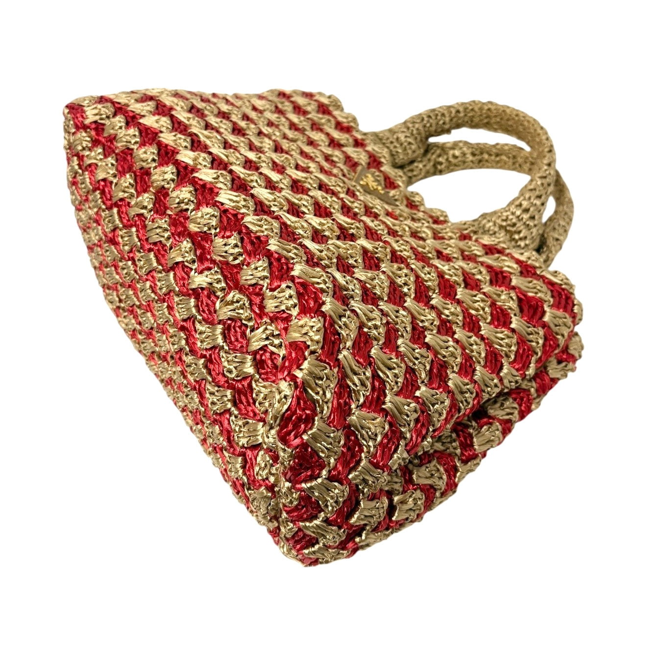 PRADA Vintage Triangle Logo Raffia Canapa Tote Bag Red Beige Gold Crochet
