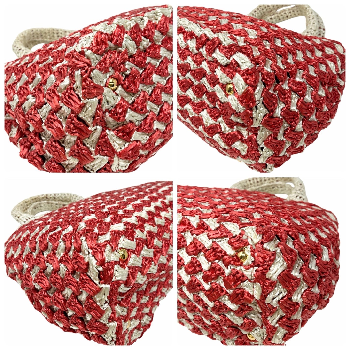 PRADA Vintage Triangle Logo Raffia Canapa Tote Bag Red White Crochet 902048