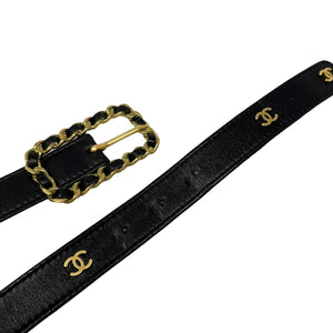 CHANEL Vintage 94A CC Mark Belt 65/26 Accessory Black Gold Leather Rank AB+