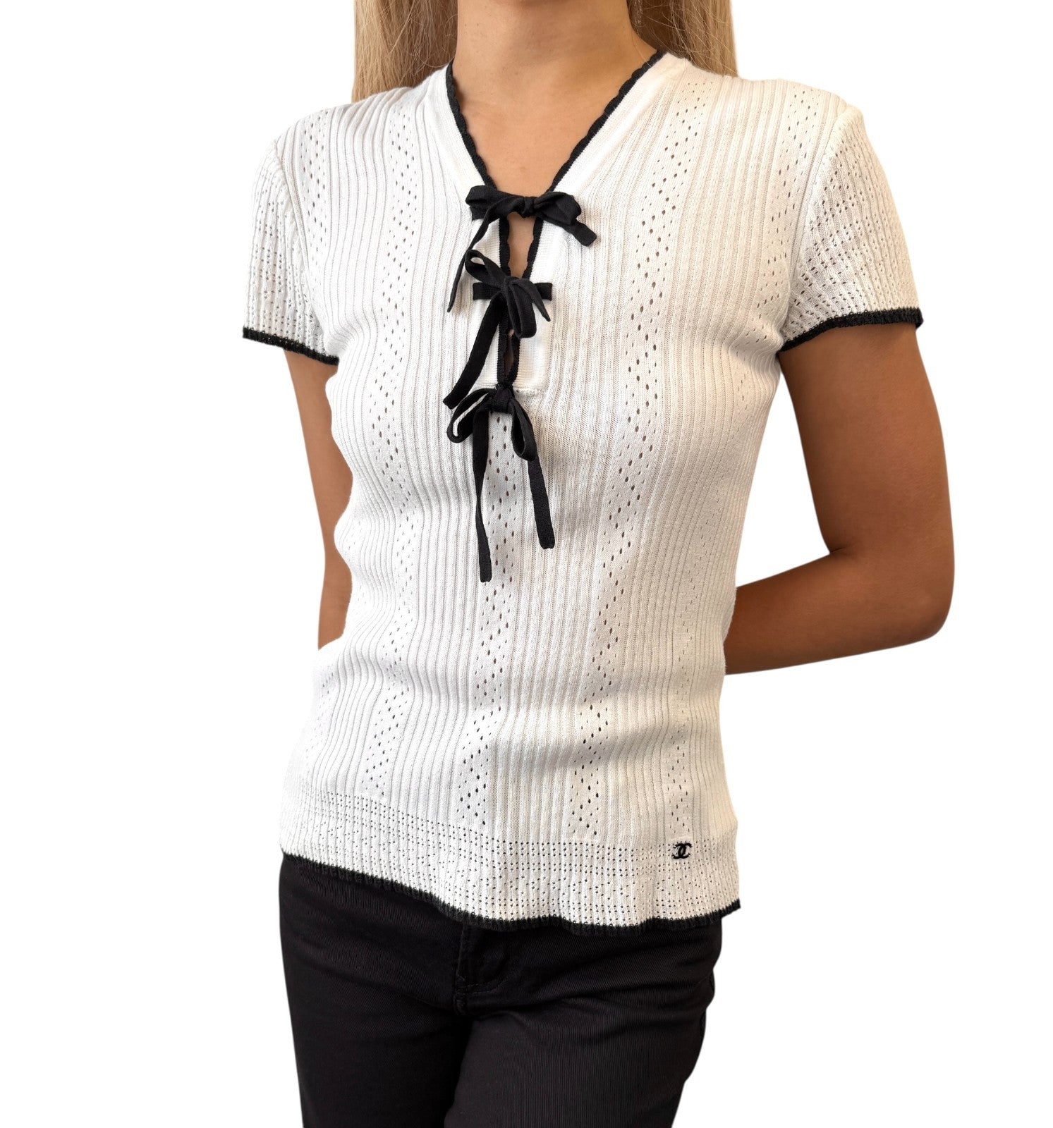 CHANEL Vintage 05C CC Logo Ribbed Knit Ribbon T-shirts Top #38 White Black