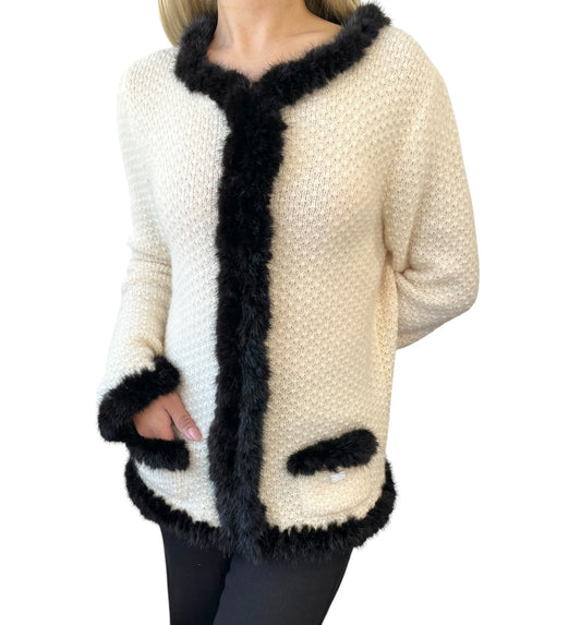 CHANEL Vintage 03A CC Logo Fur Trim Knit Cardigan #42 Cream Brown Mohair 901978