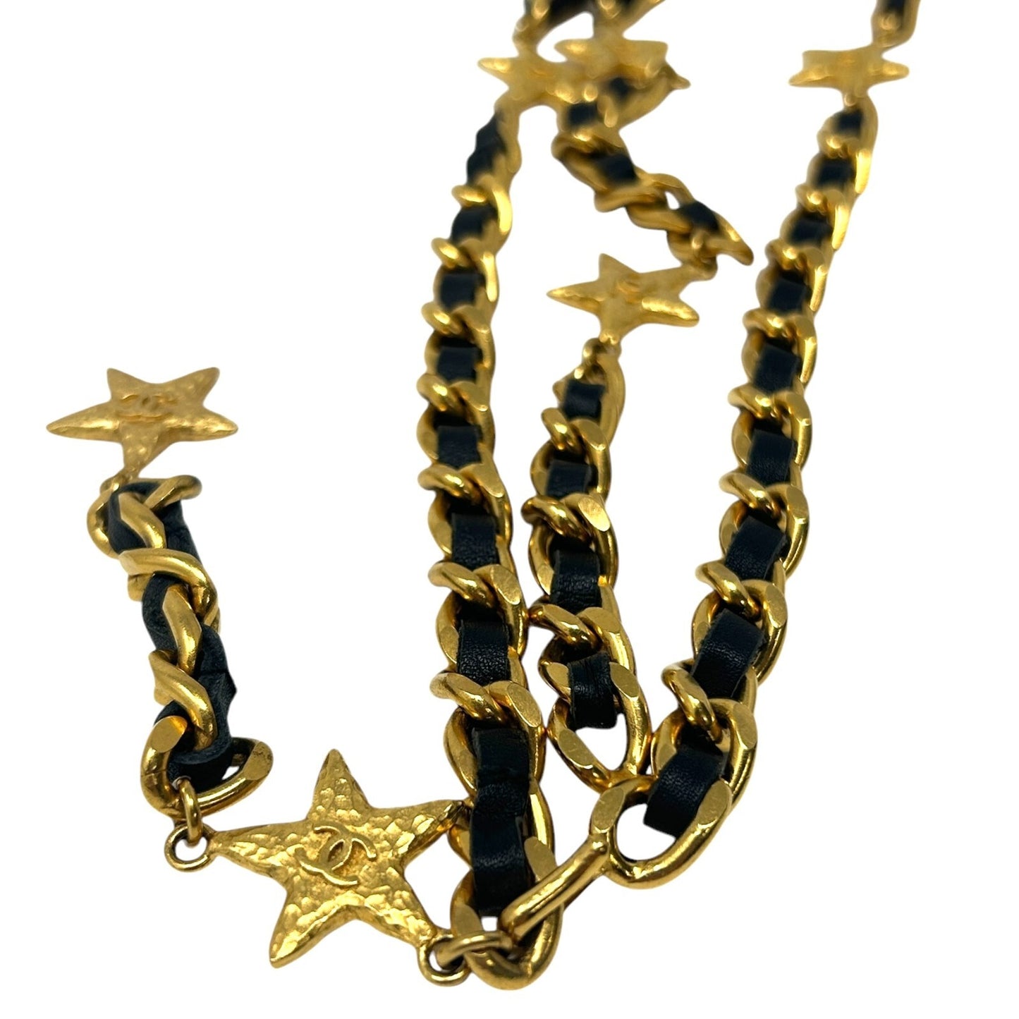 CHANEL Vintage 95A CC Logo Chain Belt Gold Black Leather Metal Star Accessory