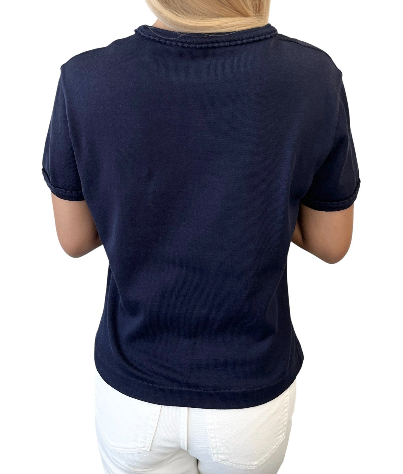 CHANEL Vintage CC Mark Logo Knit Top T-shirt Short Sleeve #38 Dark Blue Cotton