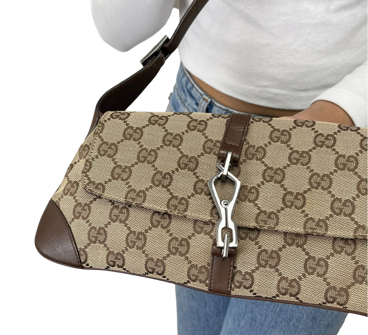 GUCCI Vintage GG Monogram Jackie Shoulder Bag Beige Canvas Leather 902329