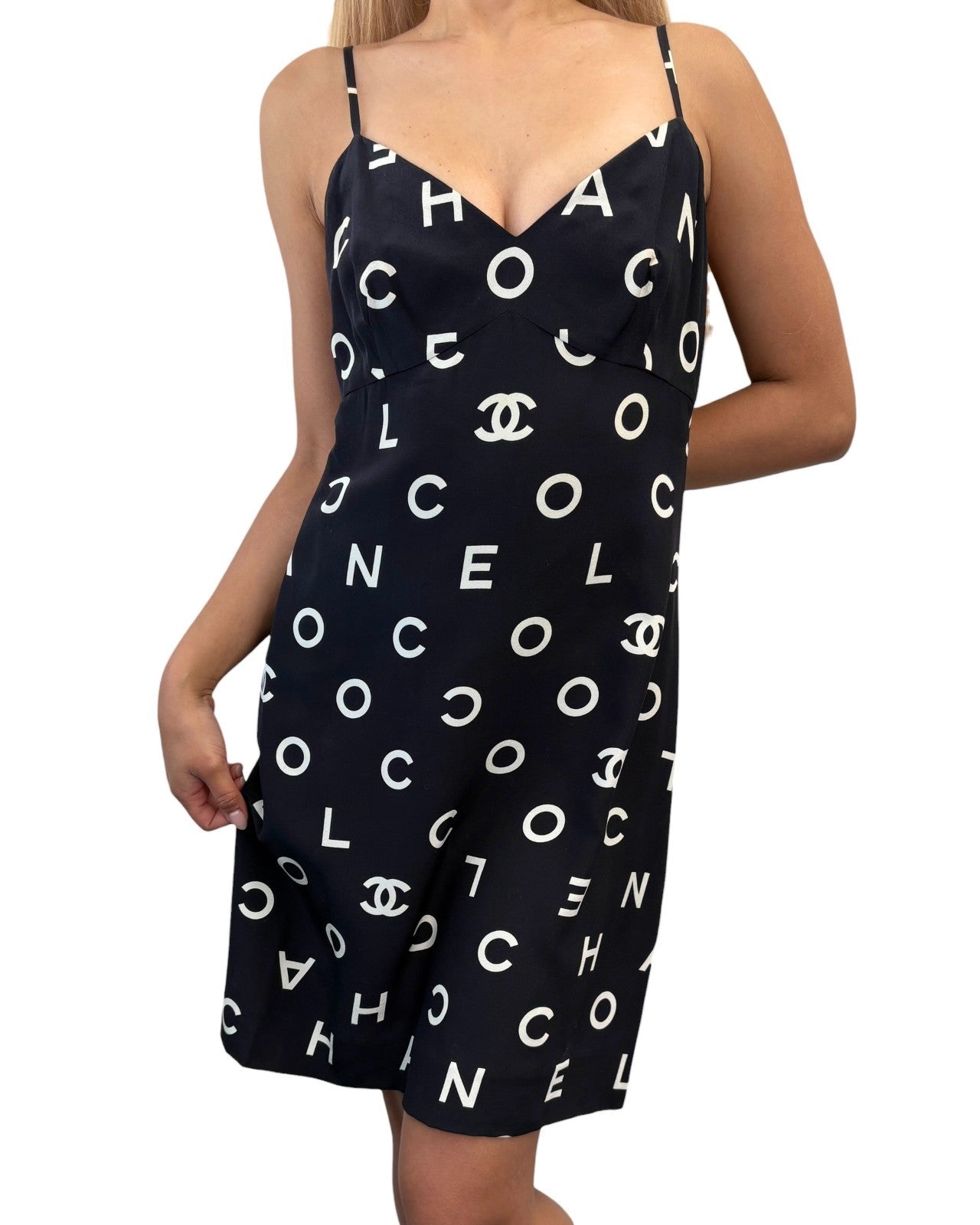 CHANEL Vintage 97P CC Logo Print Silk Camisole Slip Dress #40 Black White