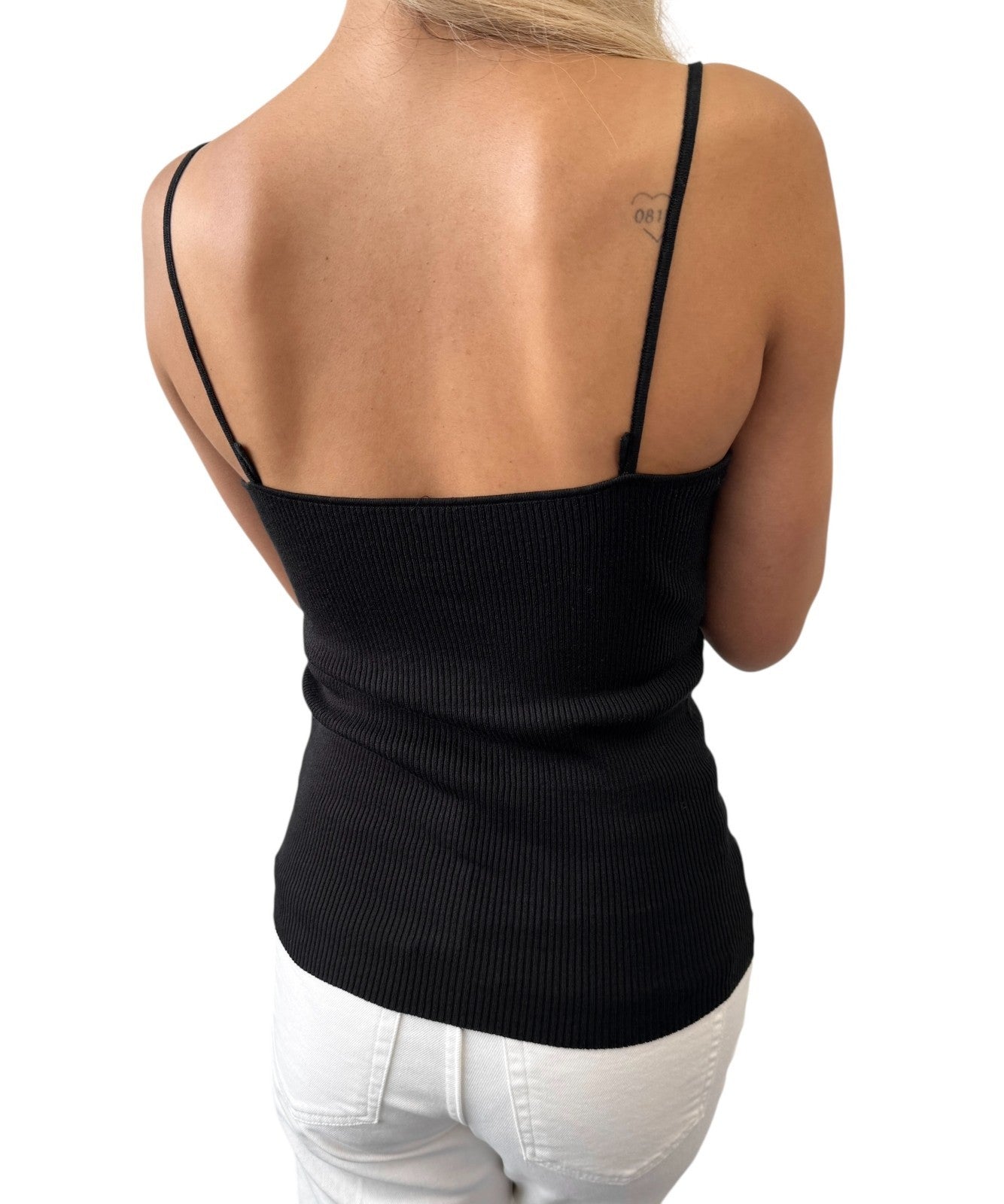 CHANEL Vintage 02C CC Logo Ribbed Camisole Top #42 Black Cotton Sleeveless