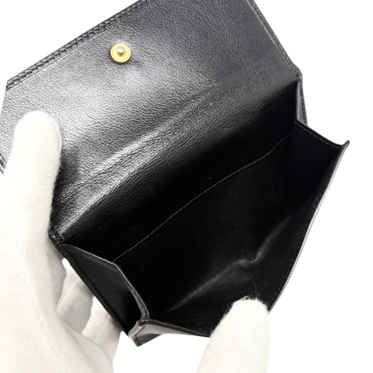 GUCCI Vintage Logo Horsebit Tri-fold Wallet Purse Black Gold Leather Square