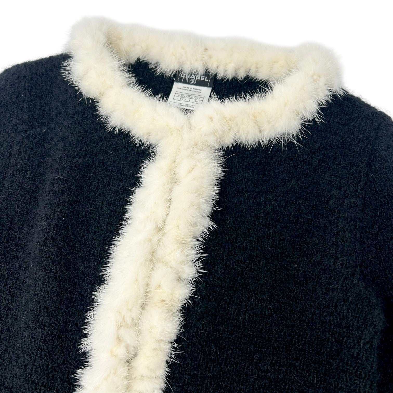 CHANEL Vintage 03A CC Logo Mohair Knit Fur Jacket Pocket Button #38 Black Cream