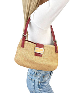 FENDI Vintage Logo Mamma Baguette Shoulder Bag Straw Raffia Red Leather